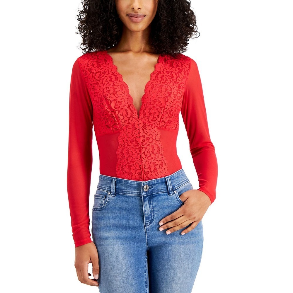 INC International Concepts Not So Basic LS Lace Mesh Bodysuit Red NWT $50 Large
